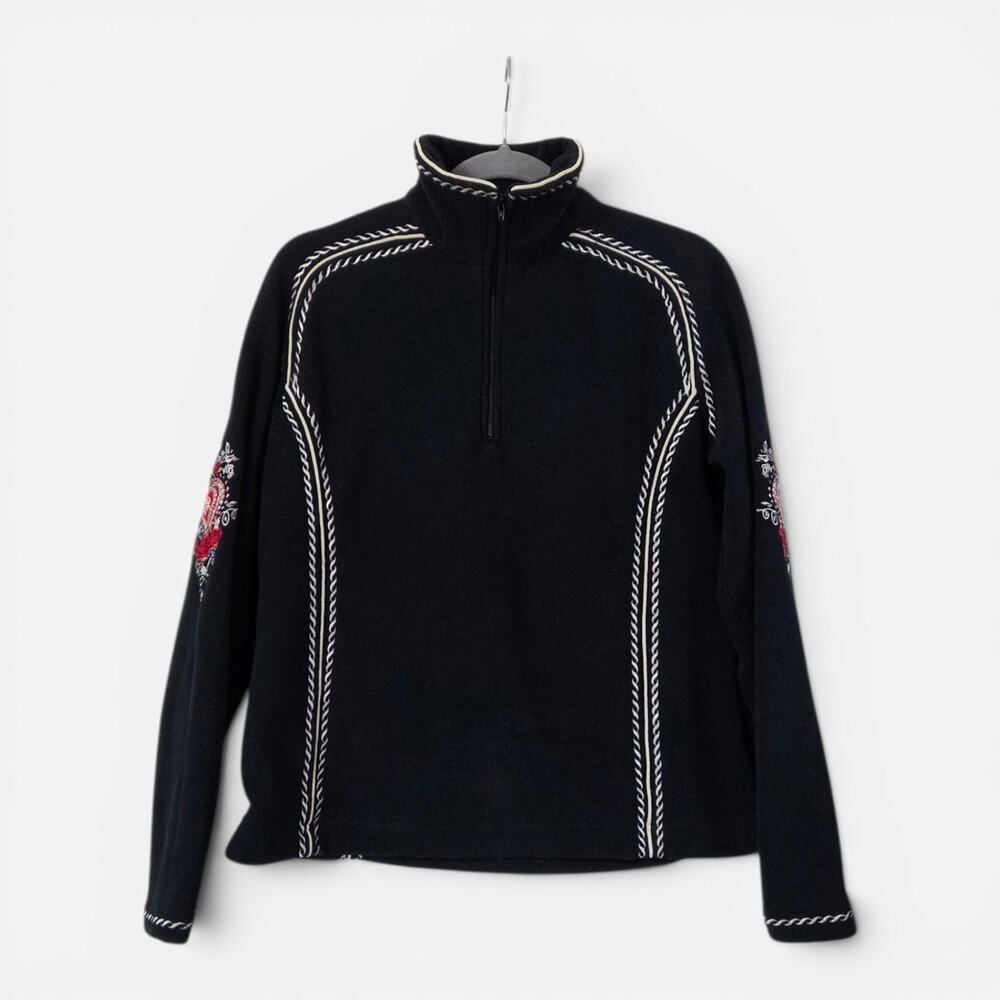 Bogner Vintage Black Half-Zip Sweater fleece Red heart Floral Embroidery Medium